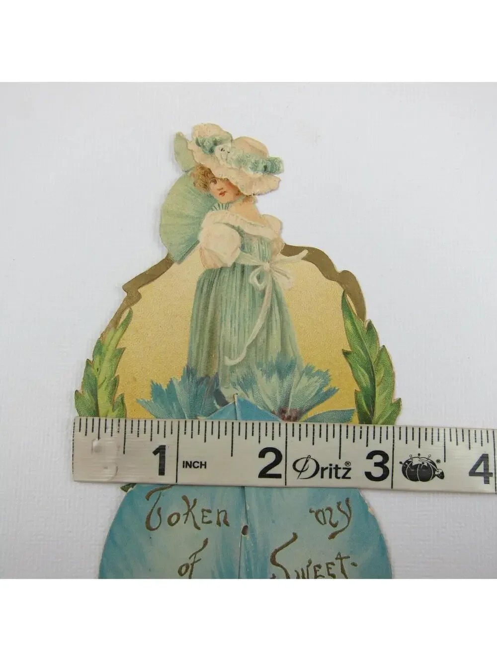 Antique Valentine Card Die Cut Stand Up Girl Hat Fan Blue Dress Flowers UNSIGNED